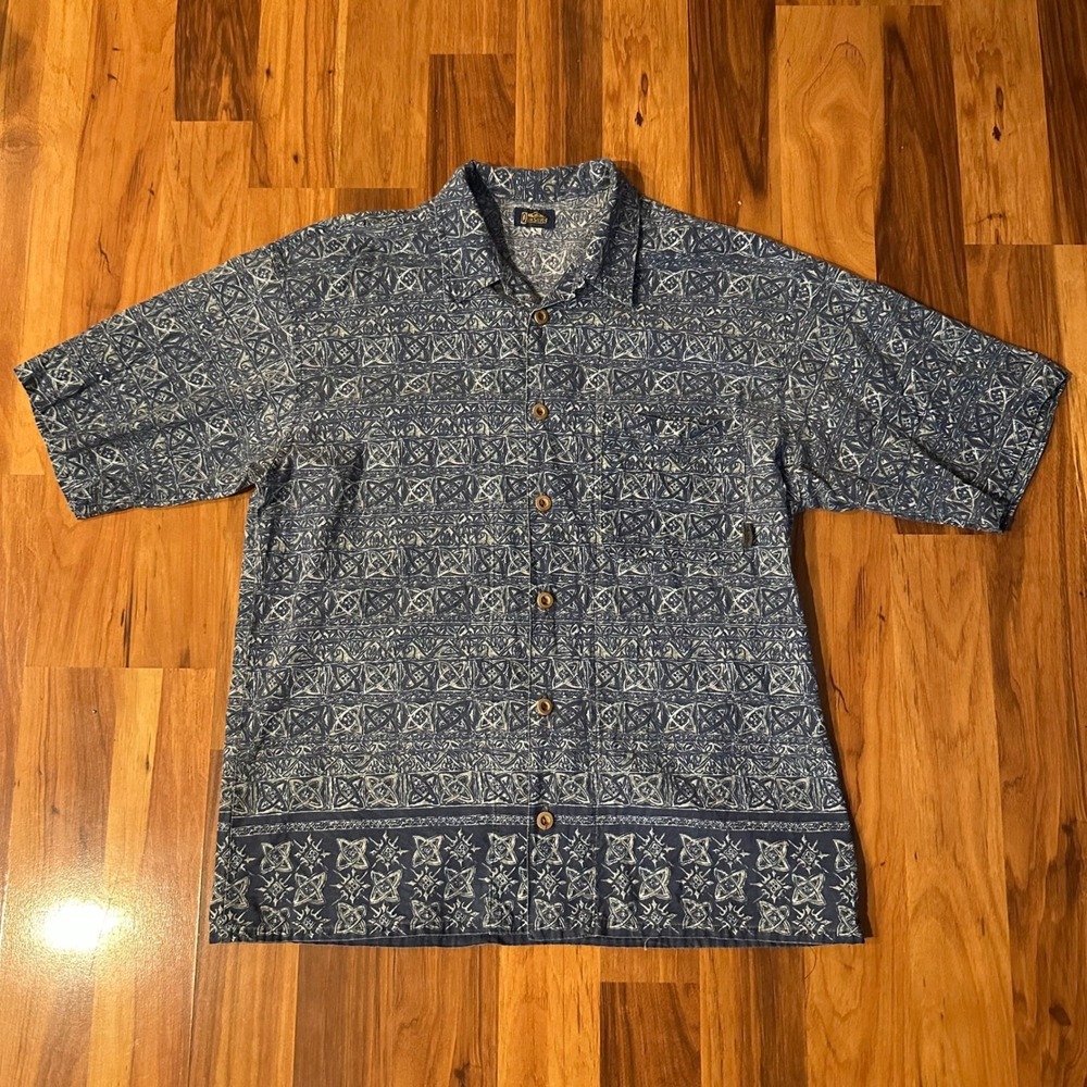 Vintage Quiksilver Loop Collar Aloha Shirt Surf USA Blue Hawaiian Aztec L